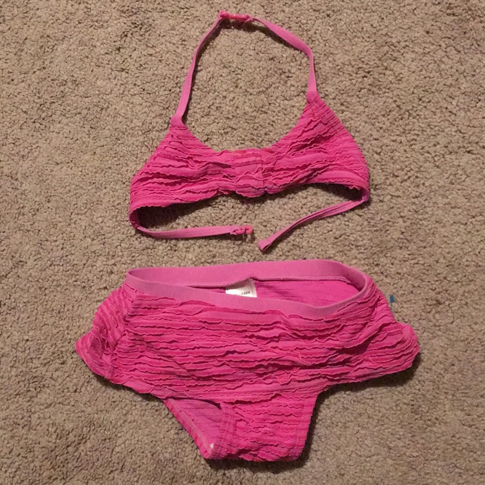 Pink ruffle bikini with skirted bottoms